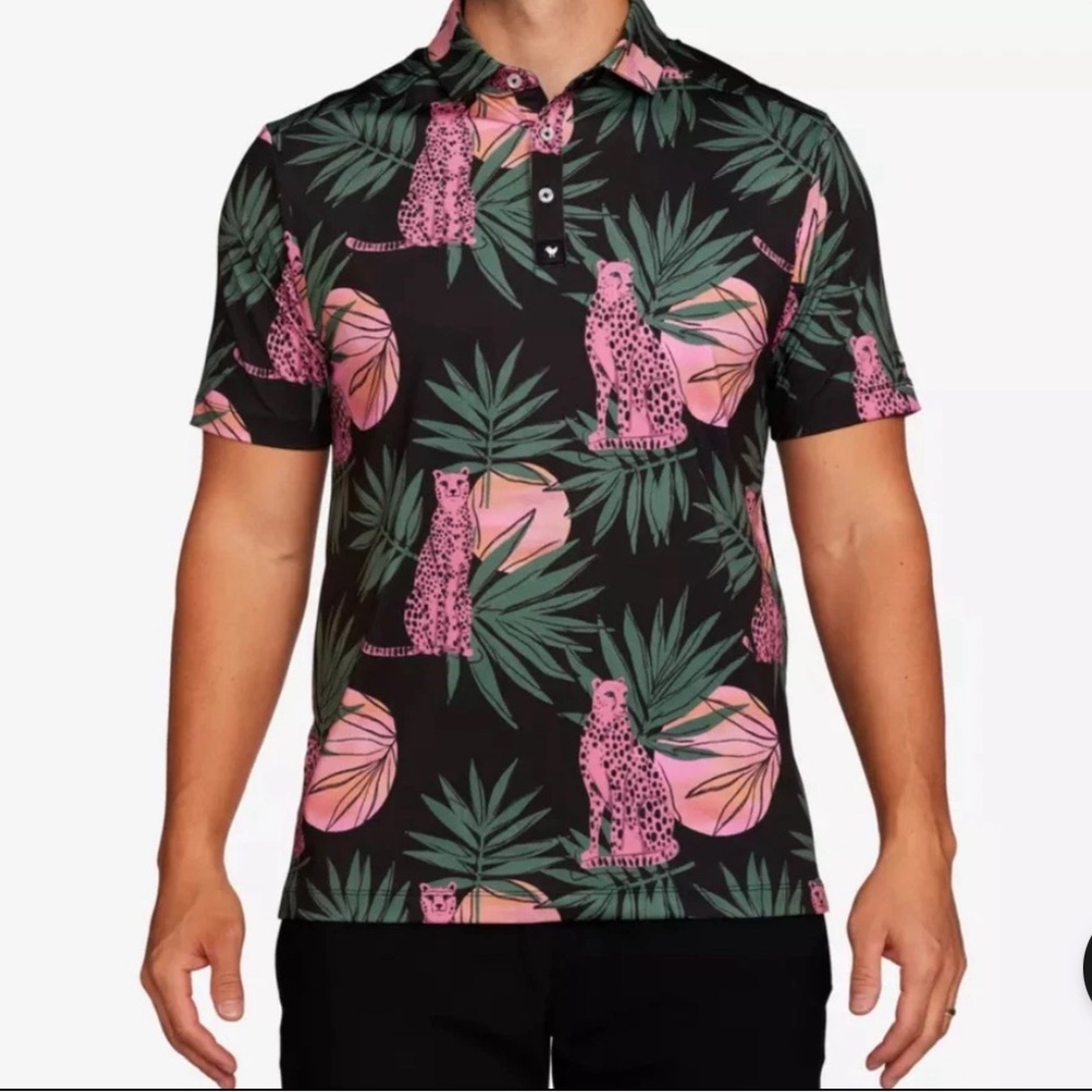 Bad‎ Birdie Mens Dayglow Polo Golf Short Sleeve Sz S Panther Palm Trees Unique